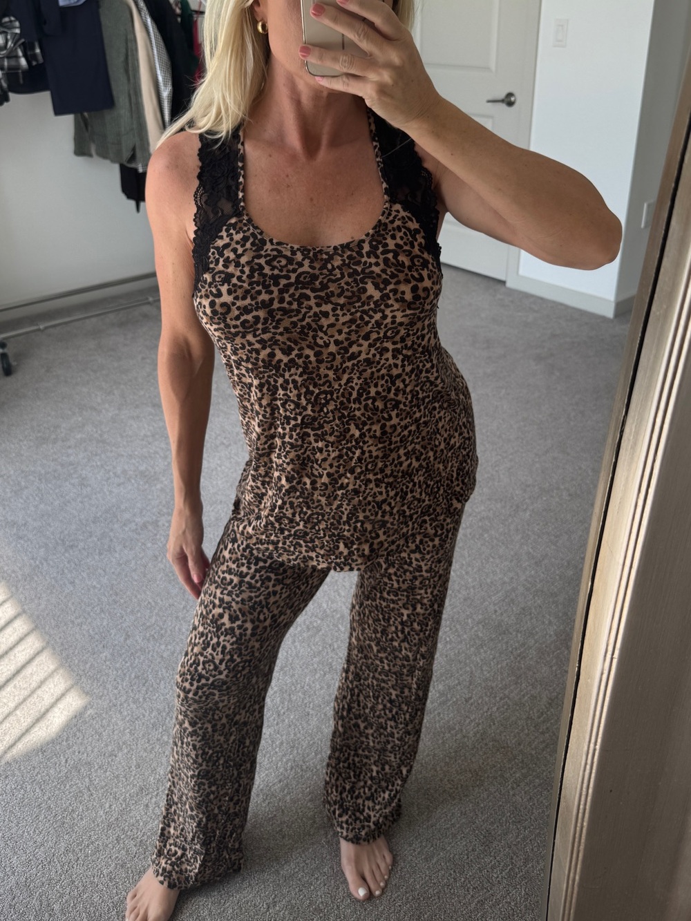 Thalia Sodi Leopard Print Pajama Set with lace trim Size Small Black Tan Brown